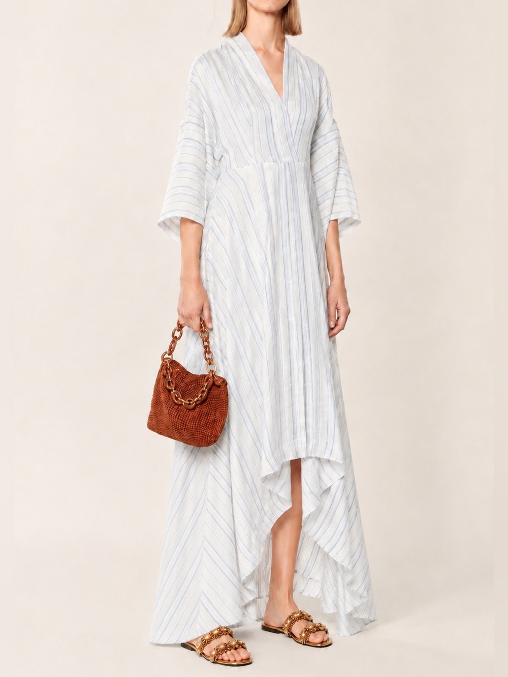 Flawed CO Striped Asymmetric Maxi Dress Linen Blend Blue White Size Small